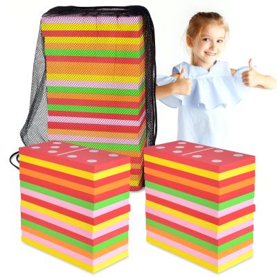 DLUGOPIS 28 Pieces Giant Lawn Dominoes Large Colorful Dominoes with a Mesh Bag Double 6 Dominoes Set Jumbo Foam Dominoes Juegos Gigantes para Patio Oversized Dominoes Set for Adults Outdoor Game