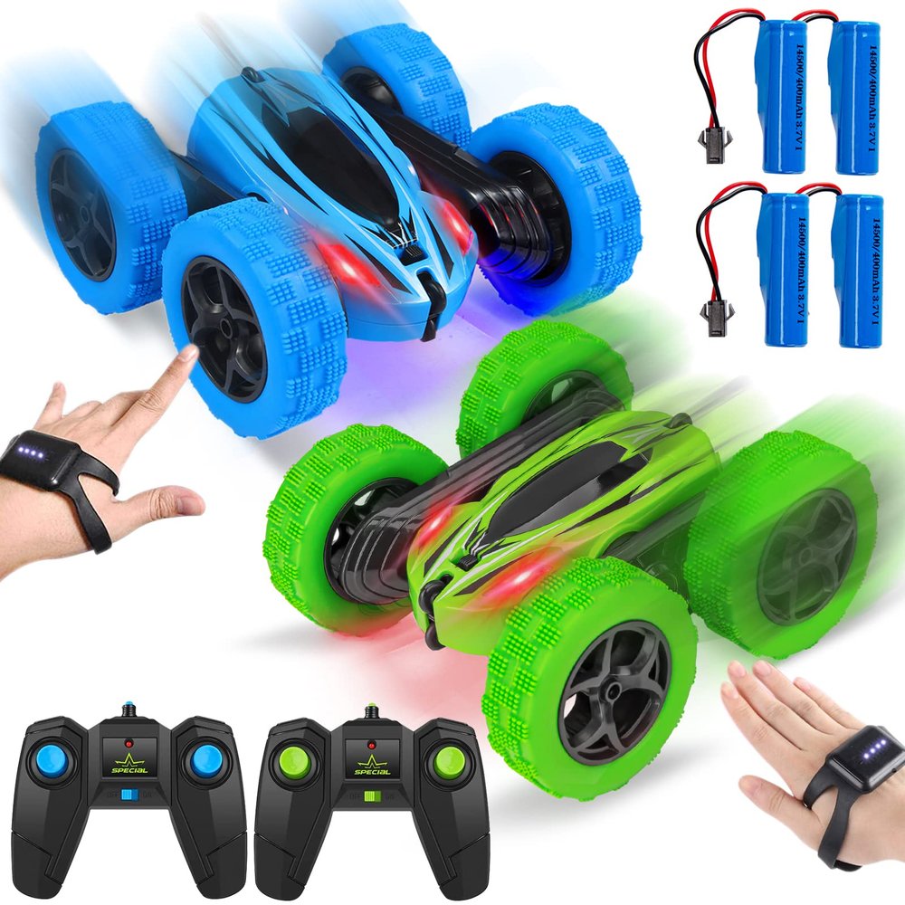 2PACK RC Stunt Car Watch Gesture Sensor Car 4WD Double Sided 360 Degree Rotating Tumbling Rechargeable Car High Speed 2.4GHZ Off Road Hobby RC Toy Cars for Xmas Birthday Gift Adults,Kids (Blue/Green)
