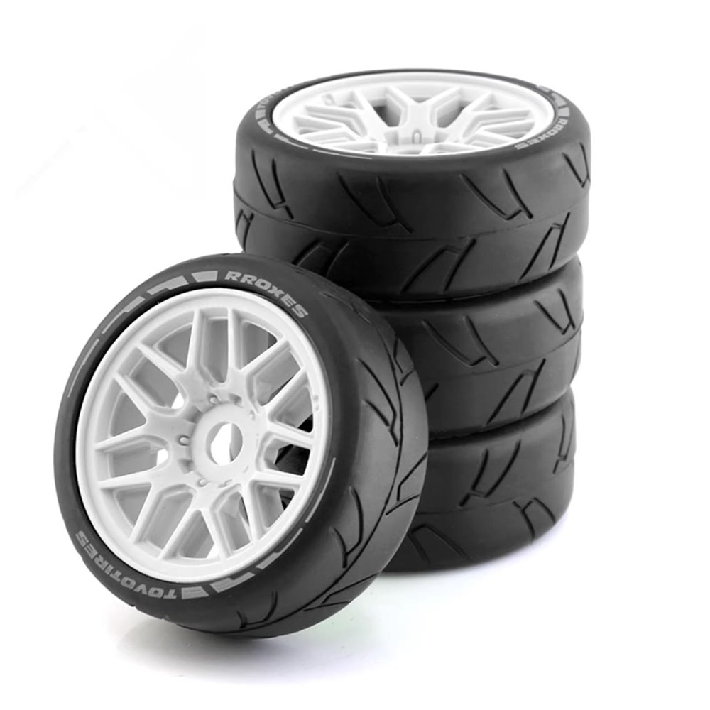 Chanmoo 1/8 RC On Road Car Tires and Wheels Rims 17mm Hex 103mm Rubber Rally Tyres for 1:8 Scale RC On-Road Racing Car HPI WR8 HSP Hobao ARRMA Redcat Losi Kyosho VRX RC Rally Drift Car 4PCS (White)