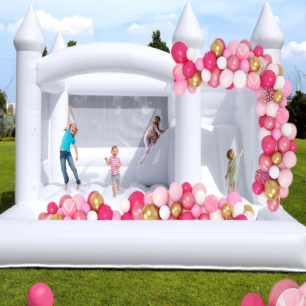 15x15FT White Bounce House Castle for Kids Adults, w/Slide & Ball Pit, (Heavy Duty PVC) (1100W Blower), Large Jumper Bouncy Inflatable Castle, Wedding, Birthday Party, Baptism, 15x15x10ft