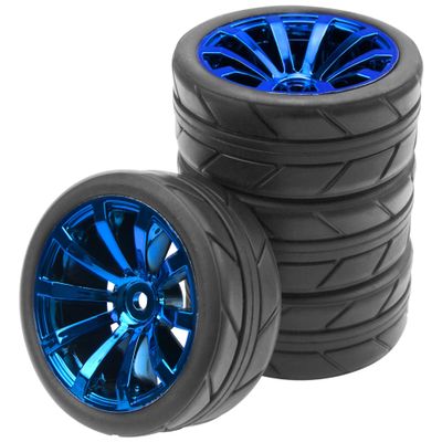 ShareGoo OD 2.55" Rubber Tires w/Plastic Wheel Rims 12mm Hex Compatible with HSP Tamiya Kyosho Traxxas Sakura WLtoys 1/10 RC On Road Racing Touring Car (Blue)