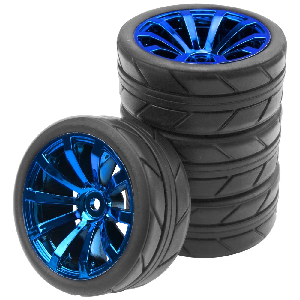 ShareGoo OD 2.55" Rubber Tires w/Plastic Wheel Rims 12mm Hex Compatible with HSP Tamiya Kyosho Traxxas Sakura WLtoys 1/10 RC On Road Racing Touring Car (Blue)