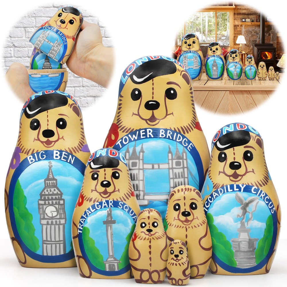 AEVVV London Bear British Nesting Dolls Set of 7 pcs - British Themed Gifts Matryoshka Doll - Russian Dolls English Decorations - London Souvenirs Gifts UK