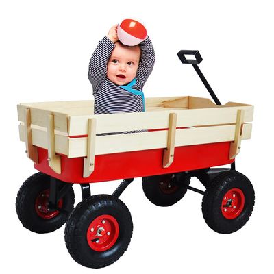 TKEEAC All Terrain Wagons for Kids Wagon with Removable Wooden Side Panels, Garden Wagon with Steel Wagon Bed, Folding Wagons for Kids/Pets with Pneumatic Tires, Red
