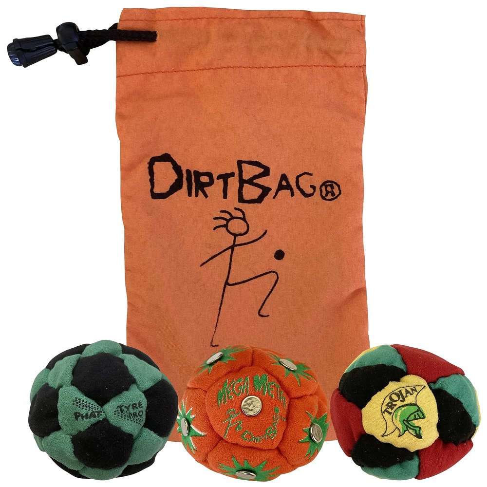 DIRTBAG Lover Footbag 3-Pack with Pouch, Includes Three Original and Unique Premium Quality Hand Sewn Footbags and Carry Pouch. (Green/Black, Orange, Rasta, Orange Pouch)