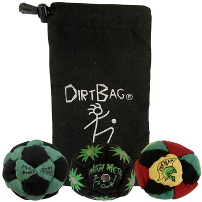 DIRTBAG Lover Footbag 3-Pack with Pouch, Includes Three Original and Unique Premium Quality Hand Sewn Footbags and Carry Pouch. (Green/Black, Black, Rasta, Blck Pouch)