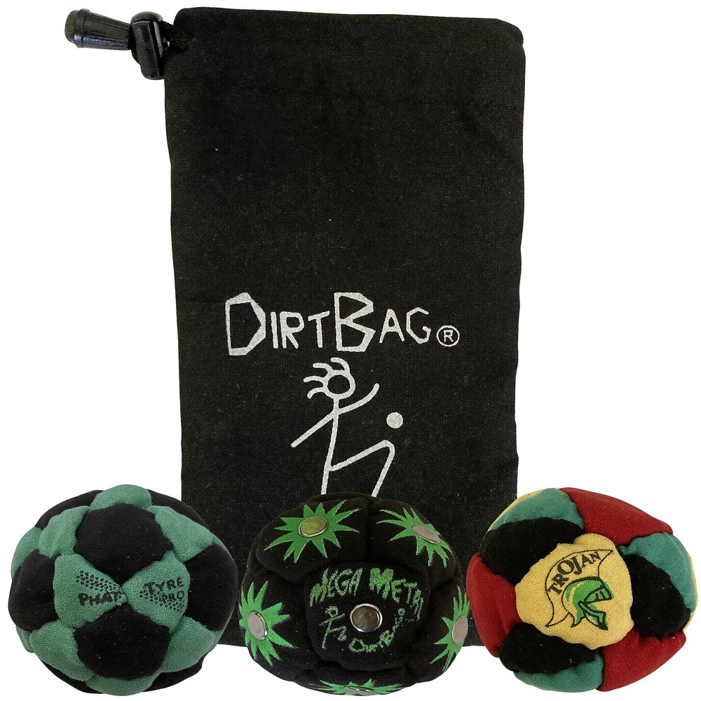 DIRTBAG Lover Footbag 3-Pack with Pouch, Includes Three Original and Unique Premium Quality Hand Sewn Footbags and Carry Pouch. (Green/Black, Black, Rasta, Blck Pouch)