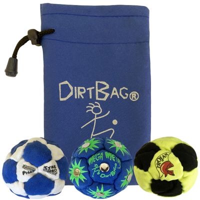 DIRTBAG Lover Footbag 3-Pack with Pouch, Includes Three Original and Unique Premium Quality Hand Sewn Footbags and Carry Pouch. (Blue/White, Blue, Neon/Black, Blue Pouch)