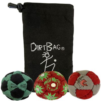 DIRTBAG Lover Footbag 3-Pack with Pouch, Includes Three Original and Unique Premium Quality Hand Sewn Footbags and Carry Pouch. (Green/Black, Red, Red/Grey, Blck Pouch)
