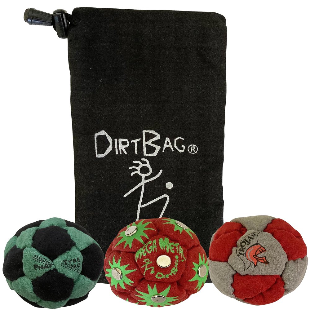 DIRTBAG Lover Footbag 3-Pack with Pouch, Includes Three Original and Unique Premium Quality Hand Sewn Footbags and Carry Pouch. (Green/Black, Red, Red/Grey, Blck Pouch)