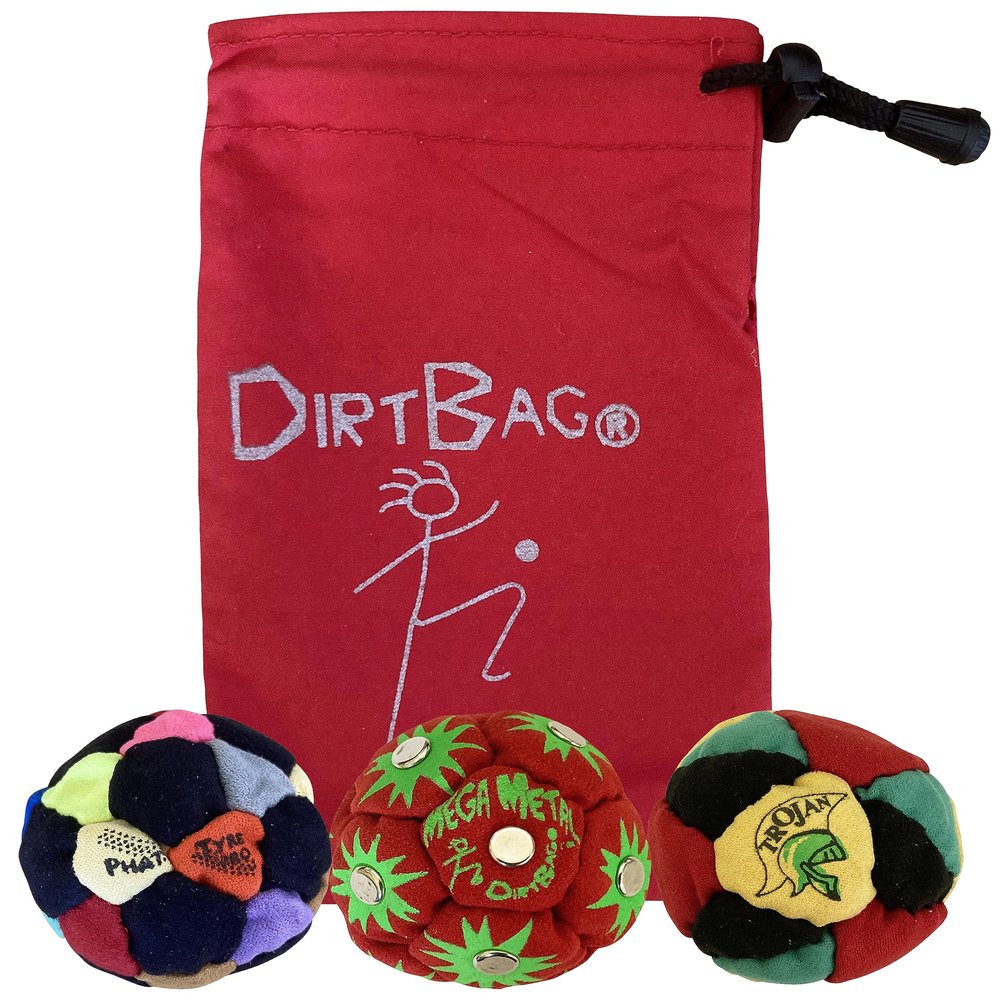 DIRTBAG Lover Footbag 3-Pack with Pouch, Includes Three Original and Unique Premium Quality Hand Sewn Footbags and Carry Pouch. (Multi-Color, Red, Rasta, Red Pouch)