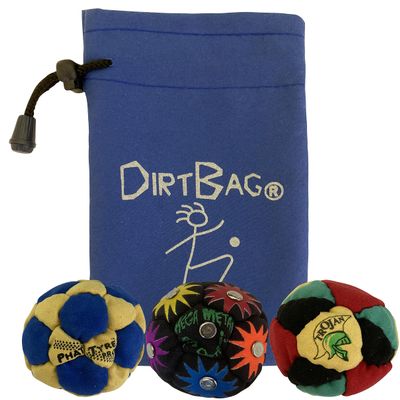 DIRTBAG Lover Footbag 3-Pack with Pouch, Includes Three Original and Unique Premium Quality Hand Sewn Footbags and Carry Pouch. (Blue/Yellow, Rainbow, Rasta, Blue Pouch)