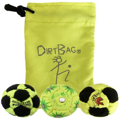 DIRTBAG Lover Footbag 3-Pack with Pouch, Includes Three Original and Unique Premium Quality Hand Sewn Footbags and Carry Pouch. (Neon/Black, Neon, Neon/Black, Neon Pouch)
