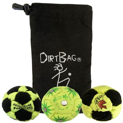 DIRTBAG Lover Footbag Kicking Sack 3-Pack with Pouch, Includes Three Original and Unique Premium Quality Hand Sewn Footbags and Carry Pouch. (Neon/Black, Neon, FLR/Black, Blk Pouch)