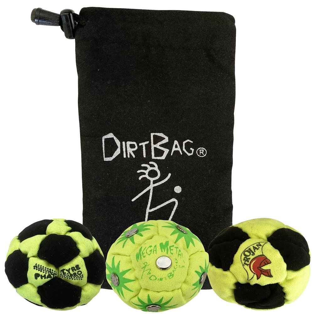 DIRTBAG Lover Footbag Kicking Sack 3-Pack with Pouch, Includes Three Original and Unique Premium Quality Hand Sewn Footbags and Carry Pouch. (Neon/Black, Neon, FLR/Black, Blk Pouch)