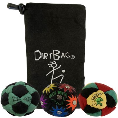 DIRTBAG Lover Footbag 3-Pack with Pouch, Includes Three Original and Unique Premium Quality Hand Sewn Footbags and Carry Pouch. (Green/Black, Rainbow, Rasta, Blck Pouch)