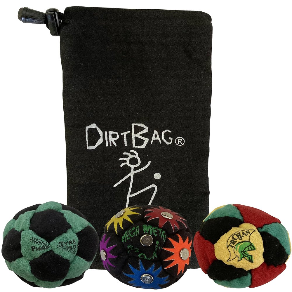 DIRTBAG Lover Footbag 3-Pack with Pouch, Includes Three Original and Unique Premium Quality Hand Sewn Footbags and Carry Pouch. (Green/Black, Rainbow, Rasta, Blck Pouch)