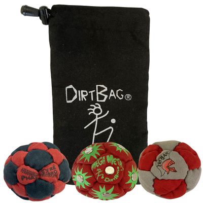 DIRTBAG Lover Footbag 3-Pack with Pouch, Includes Three Original and Unique Premium Quality Hand Sewn Footbags and Carry Pouch. (Red/Black, Red, Red/Grey, Blck Pouch)