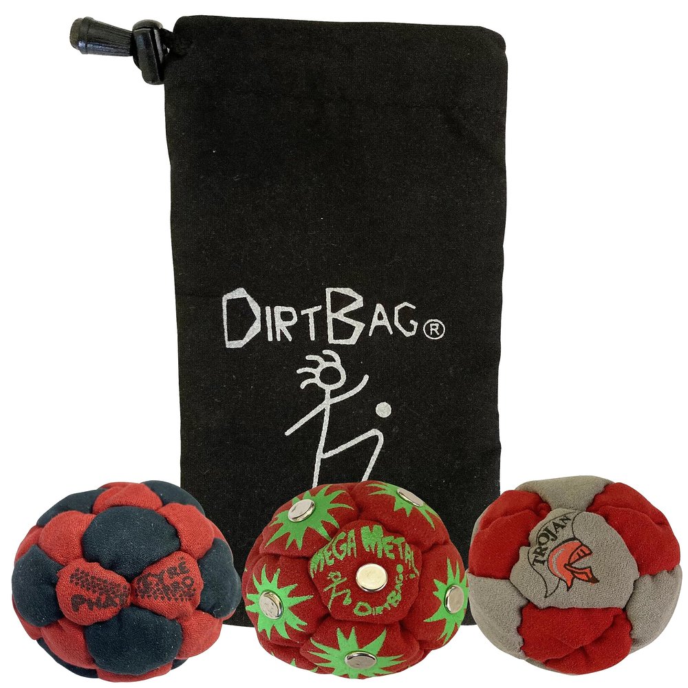 DIRTBAG Lover Footbag 3-Pack with Pouch, Includes Three Original and Unique Premium Quality Hand Sewn Footbags and Carry Pouch. (Red/Black, Red, Red/Grey, Blck Pouch)