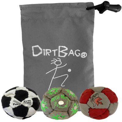 DIRTBAG Lover Footbag 3-Pack with Pouch, Includes Three Original and Unique Premium Quality Hand Sewn Footbags and Carry Pouch. (Black/White, Red/Grey, Pouch)