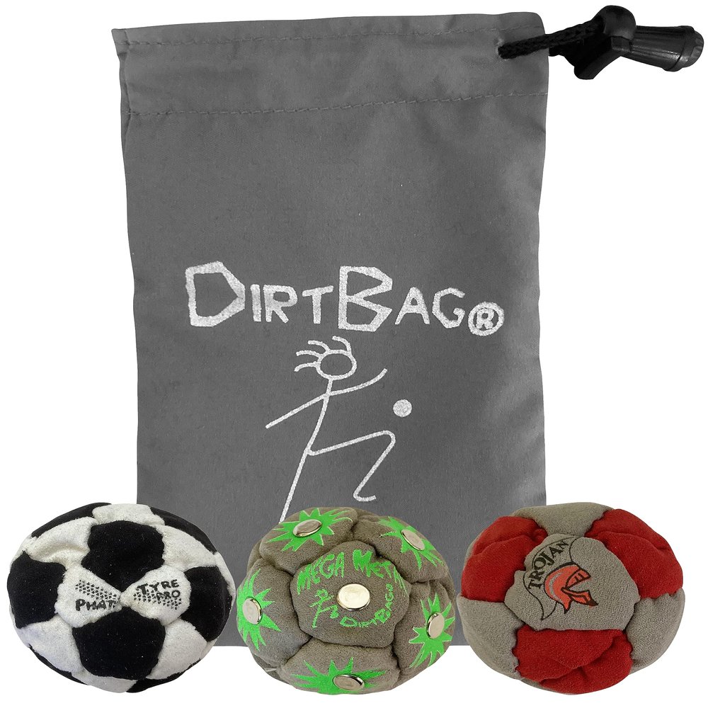 DIRTBAG Lover Footbag 3-Pack with Pouch, Includes Three Original and Unique Premium Quality Hand Sewn Footbags and Carry Pouch. (Black/White, Red/Grey, Pouch)