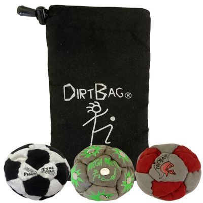 DIRTBAG Lover Footbag 3-Pack with Pouch, Includes Three Original and Unique Premium Quality Hand Sewn Footbags and Carry Pouch. (Black/White, Grey, Red/Grey, Blck Pouch)
