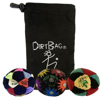 DIRTBAG Lover Footbag 3-Pack with Pouch, Includes Three Original and Unique Premium Quality Hand Sewn Footbags and Carry Pouch. (Multi-Color, Rainbow, Rasta, Blck Pouch)