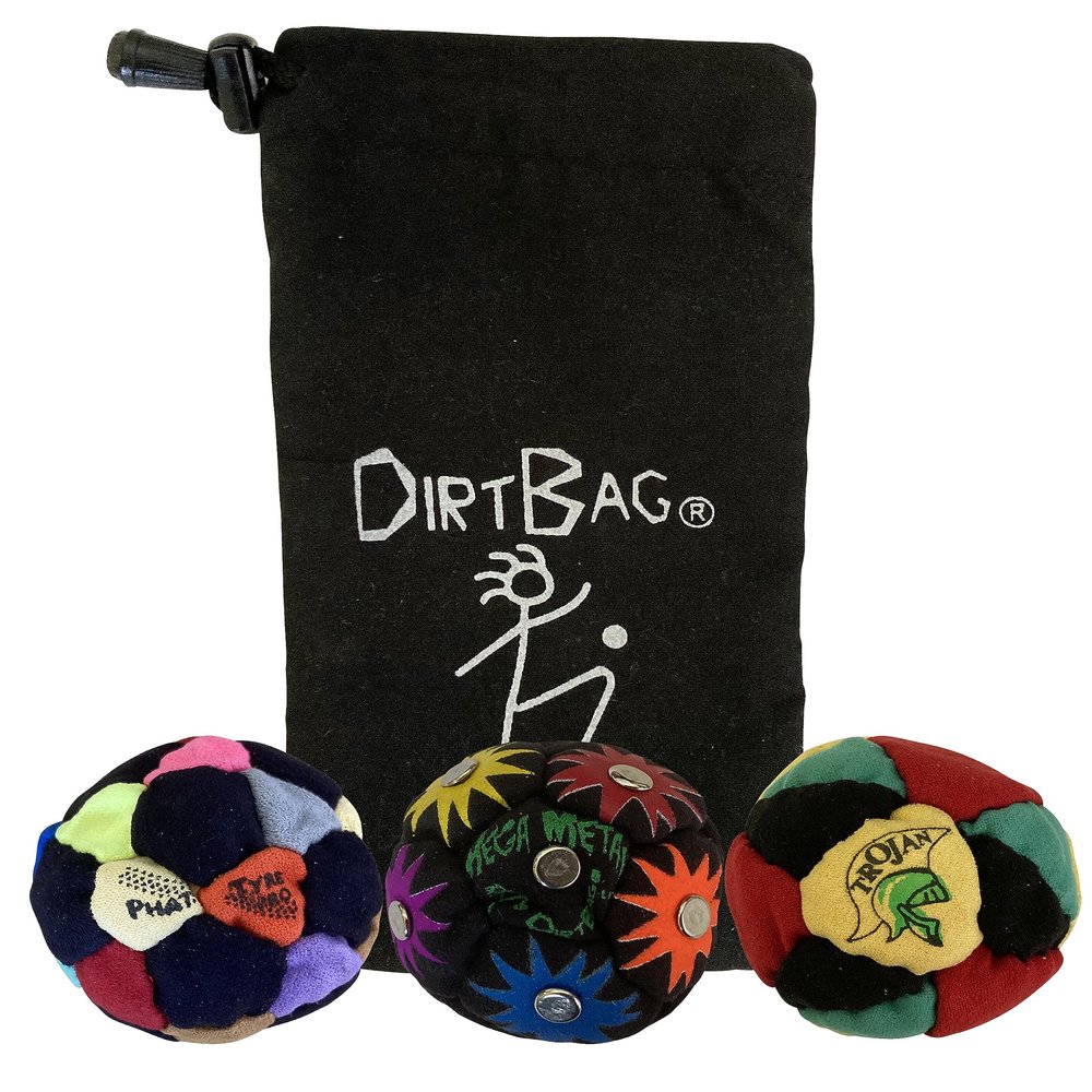 DIRTBAG Lover Footbag 3-Pack with Pouch, Includes Three Original and Unique Premium Quality Hand Sewn Footbags and Carry Pouch. (Multi-Color, Rainbow, Rasta, Blck Pouch)