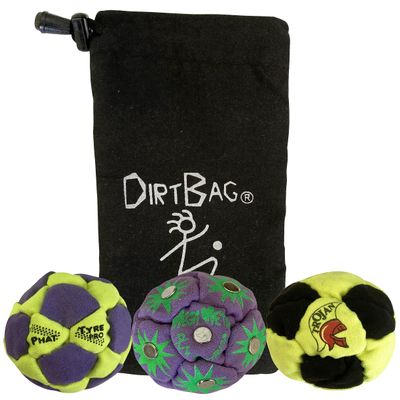 DIRTBAG Lover Footbag 3-Pack with Pouch, Includes Three Original and Unique Premium Quality Hand Sewn Footbags and Carry Pouch. (Neon/Purple, Purple, Neon/Black, Black Pouch)
