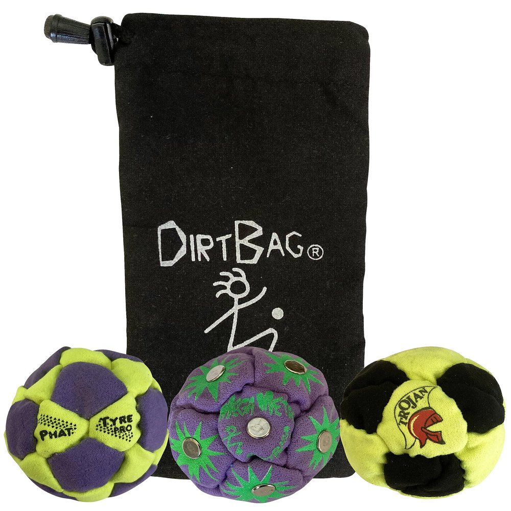 DIRTBAG Lover Footbag 3-Pack with Pouch, Includes Three Original and Unique Premium Quality Hand Sewn Footbags and Carry Pouch. (Neon/Purple, Purple, Neon/Black, Black Pouch)