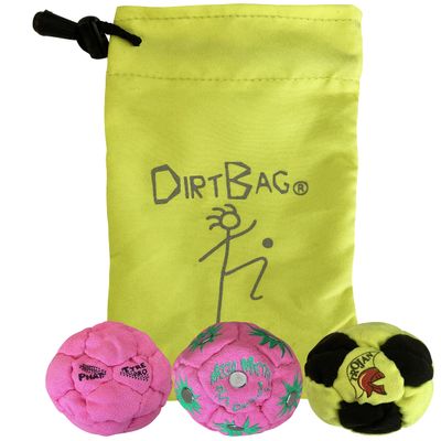 DIRTBAG Lover Footbag 3-Pack with Pouch, Includes Three Original and Unique Premium Quality Hand Sewn Footbags and Carry Pouch. (Magenta, Magenta, Neon/Black, Neon Pouch)