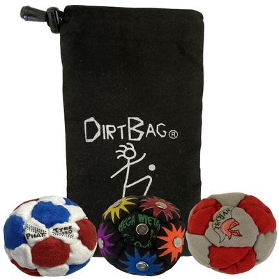 DIRTBAG Lover Footbag 3-Pack with Pouch, Includes Three Original and Unique Premium Quality Hand Sewn Footbags and Carry Pouch. (Red/White/Blue, Rainbow, Red/Grey, Blck Pouch)