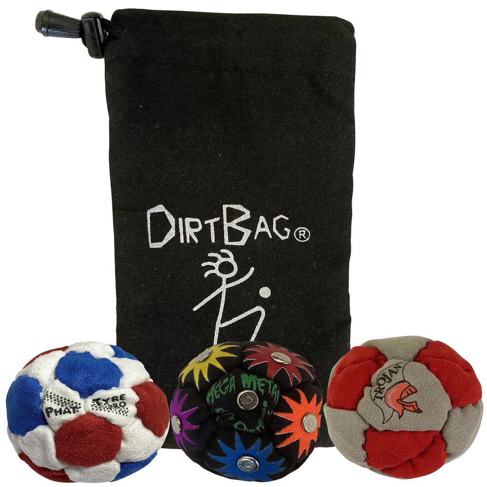 DIRTBAG Lover Footbag 3-Pack with Pouch, Includes Three Original and Unique Premium Quality Hand Sewn Footbags and Carry Pouch. (Red/White/Blue, Rainbow, Red/Grey, Blck Pouch)