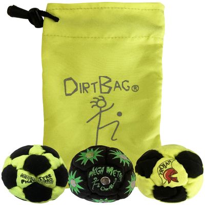 DIRTBAG Lover Footbag 3-Pack with Pouch, Includes Three Original and Unique Premium Quality Hand Sewn Footbags and Carry Pouch. (Neon/Black, Black/Green, Neon/Blck, Neon PCH)