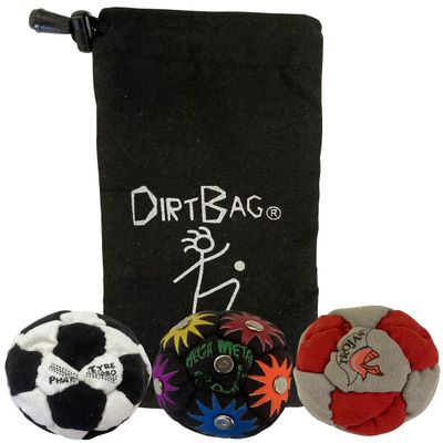 DIRTBAG Lover Footbag 3-Pack with Pouch, Includes Three Original and Unique Premium Quality Hand Sewn Footbags and Carry Pouch. (Black/White, Rainbow, Red/Grey, Blk Pouch)