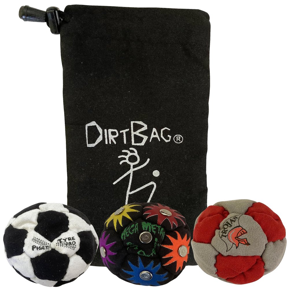 DIRTBAG Lover Footbag 3-Pack with Pouch, Includes Three Original and Unique Premium Quality Hand Sewn Footbags and Carry Pouch. (Black/White, Rainbow, Red/Grey, Blk Pouch)