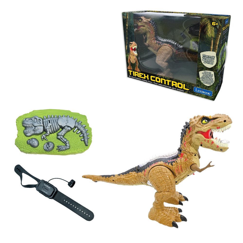 LEXIBOOK - RC Tyrannosaurus Control, Realistic Dinosaur, Articulated Movements, Roaring, Smoke Spit, Luminous Effects, Rechargeable, Fossil and Wrist Remote Controls Included, DINO02