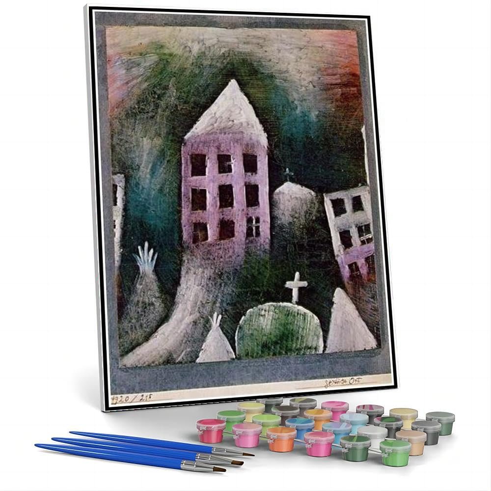 DIY Oil Painting Kit,Destroyed Place Painting by Paul Klee Paint by Numbers Kit for Kids and Adults
