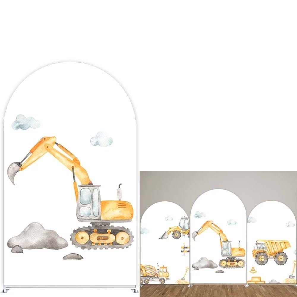 Round Top Construction Theme Arch Backdrop Cover for Birthday Party Decoration,3x5ft Double Sided Engineering Vehicle Background DIY Fabric Cover GX-1457