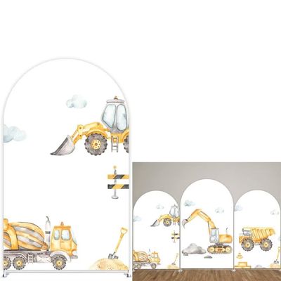 Round Top Construction Theme Arch Backdrop Cover for Birthday Party Decoration,4x7ft Double Sided Engineering Vehicle Background DIY Fabric Cover GX-1458