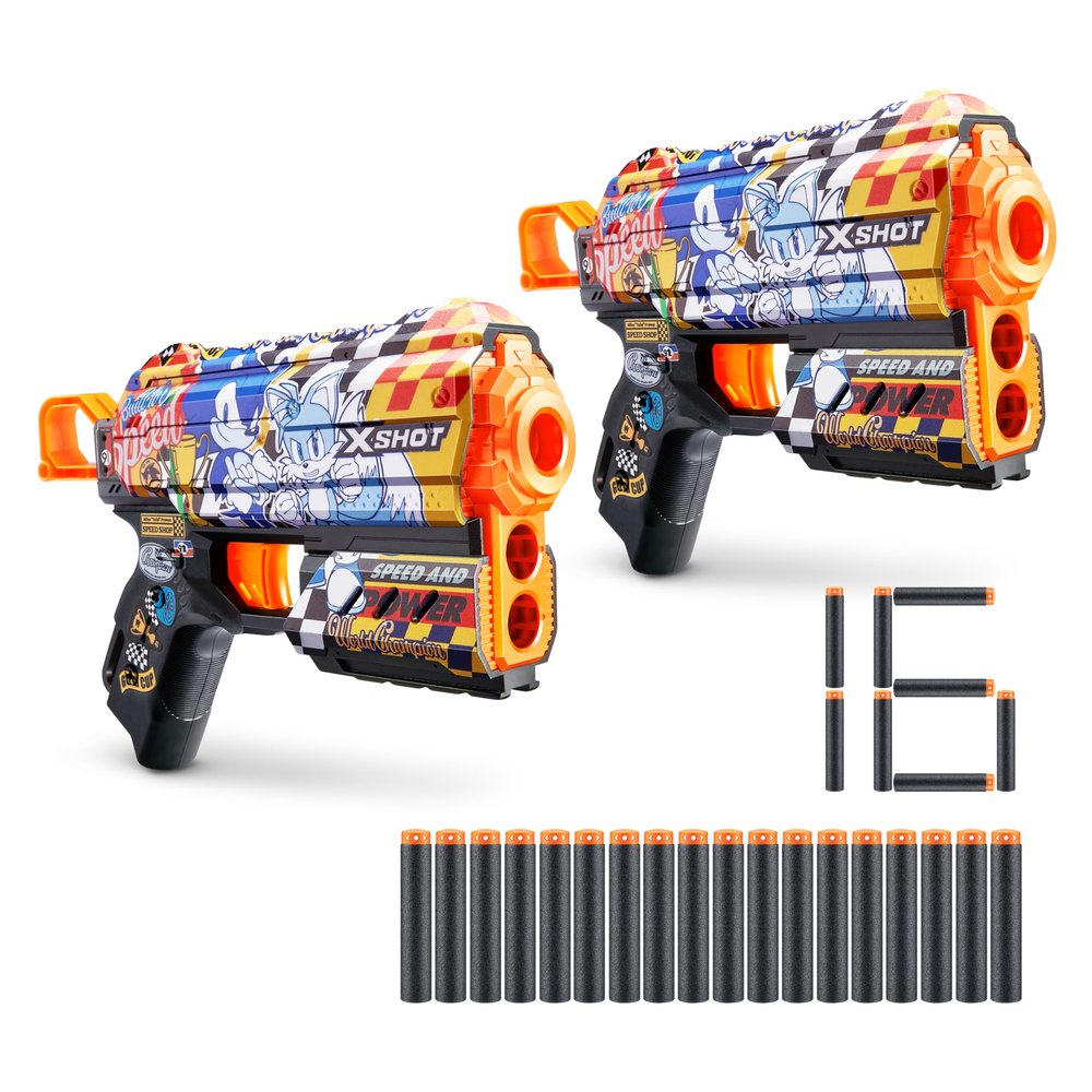 XSHOT Skins Flux - Sonic Super Speed (2 Pack + 16 Darts) by ZURU, Easy Reload, Air Pocket Dart Technology, Toy Foam Dart Blaster for Kids, Teens, and Adults, Frustration Free Packaging