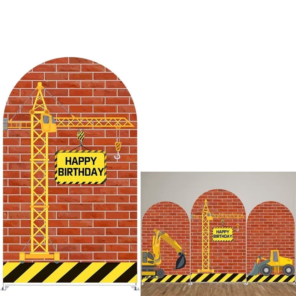 FiVan Arch Backdrop Cover Construction Tower Crane Theme Bilayer Round Top Background for Baby Birthday Party Decoration