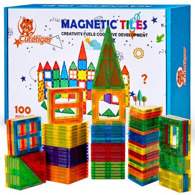 CuteTiger Magnetic Tiles, Magnet Tiles, 100 Pcs Magnetic Building Blocks No Cars, Square Building Castle, Preschool Toys, STEM Stacking Construction Montessori Toys for Kids