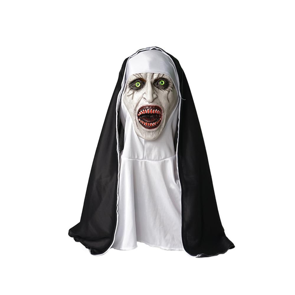 BaronHong Full Head Realistic Evil Nun Mask with Headscarf Bloody Mouth,Halloween Cosplay Costume Party(A,M)