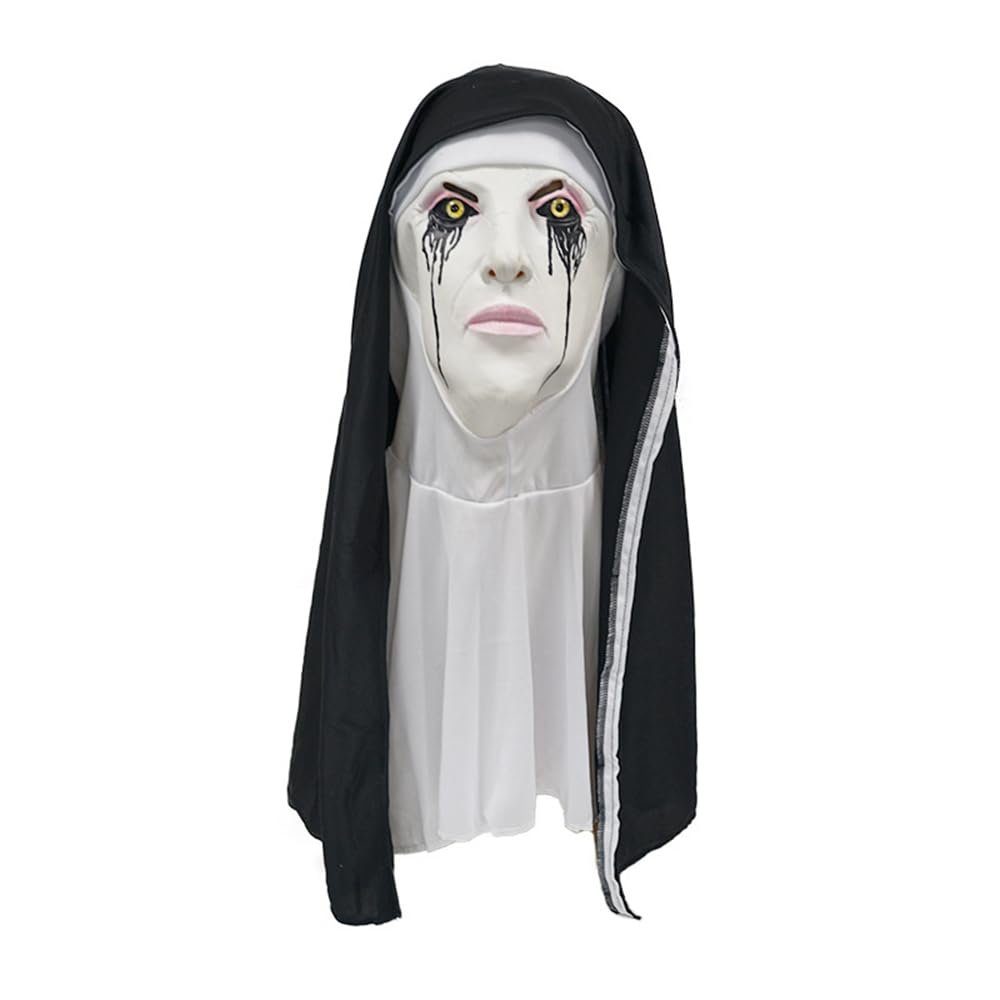 BaronHong Full Head Realistic Evil Nun Mask with Headscarf Bloody Mouth,Halloween Cosplay Costume Party(C,M)