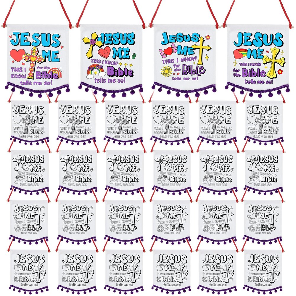 Buryeah 24 Pcs Religious Sunday School Crafts for Kids Color Your Own Jesus Loves Me Banners Pom DIY Coloring Christian Jesus Loves Me Crafts for Activity Supplies