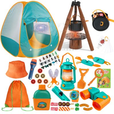 Qtioucp Kids Camping Set 50pcs with Tent & Space Projector Flashlight- Outdoor Campfire Toy Set for Toddlers Kids - Pretend Play Camp Gear Tools for Birthday Christmas