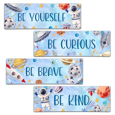 4 Pieces Space Decor for Boys Room, 11.8" x 3.9" Outer Space Kids Room Wall Decor Wooden Sign, Motivational Wall Art for Kids Room Nursery Playroom Classroom, Be Kind Brave Curious Yourself-A05