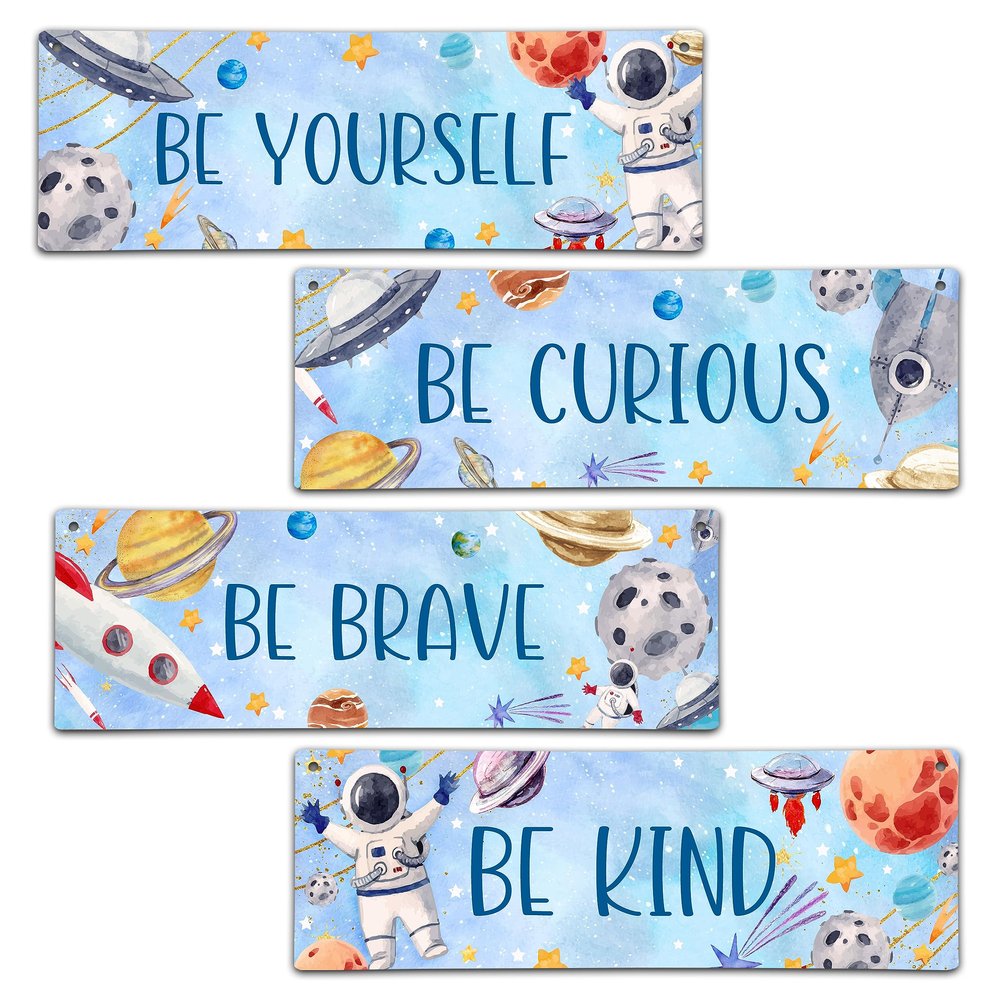 4 Pieces Space Decor for Boys Room, 11.8" x 3.9" Outer Space Kids Room Wall Decor Wooden Sign, Motivational Wall Art for Kids Room Nursery Playroom Classroom, Be Kind Brave Curious Yourself-A05