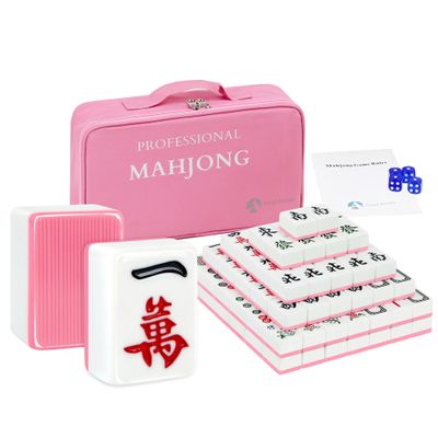 AzulHome Chinese Mahjong Game Set - 144 Large Melamine Mahjong Tiles(1.57'', Pink) with Storage Bag, 4 Dices, 80 Poker Chips, Professional Mahjong Set for Chinese, Pink